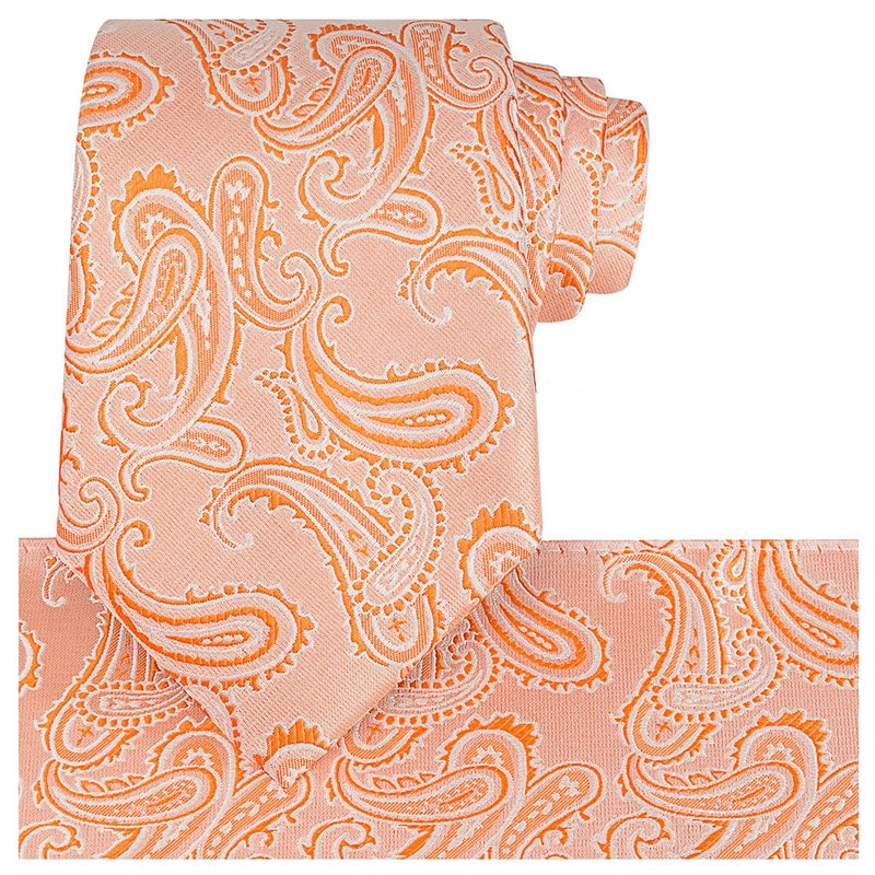 KissTies Peach Tie Set Paisley Necktie Pocket Square + Gift Box - Image 1